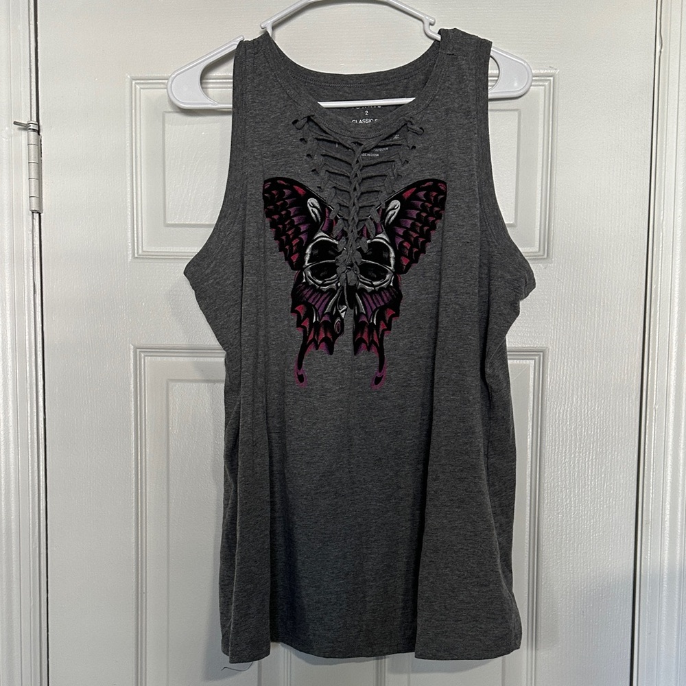 Torrid Gray Butterfly Skull Muscle Tee